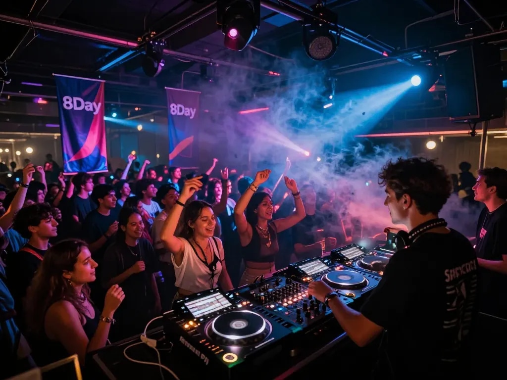 8Day electronic music event with DJ performing, vibrant atmosphere and enthusiastic audience.