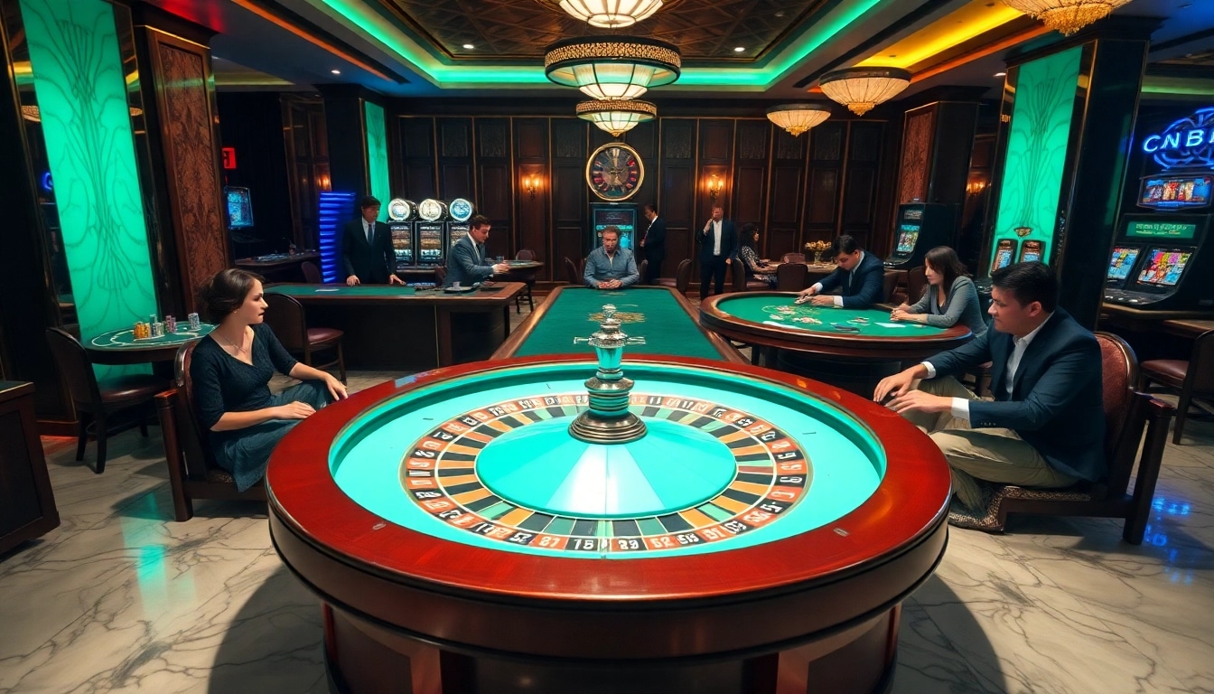 Players engage at a vibrant mint88 roulette wheel in a luxurious casino.