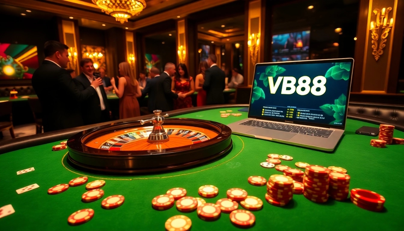 Exciting VB88 live casino scene showcasing elegant gambling tables and vibrant poker chips.