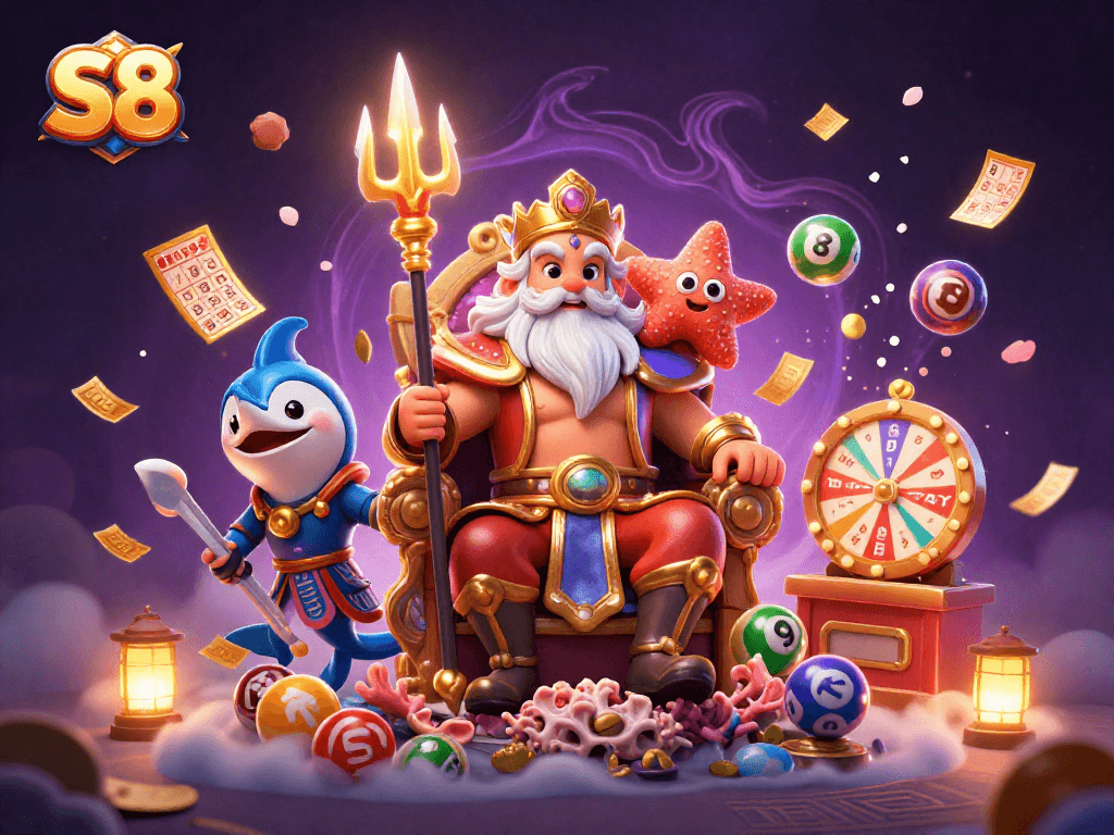 Engage in exciting S8 games with Neptune, surrounded by vibrant lottery elements and dynamic action.
