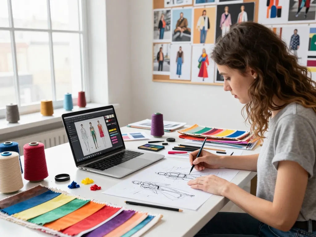 Sunwin's textile design studio with a designer creatively working on colorful fabric swatches.