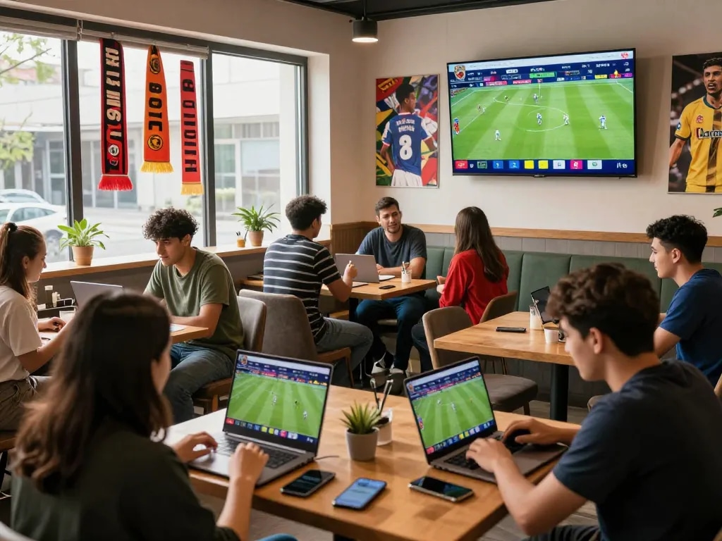 7m soccer fans engaged with live scores and match stats in a vibrant cafe.