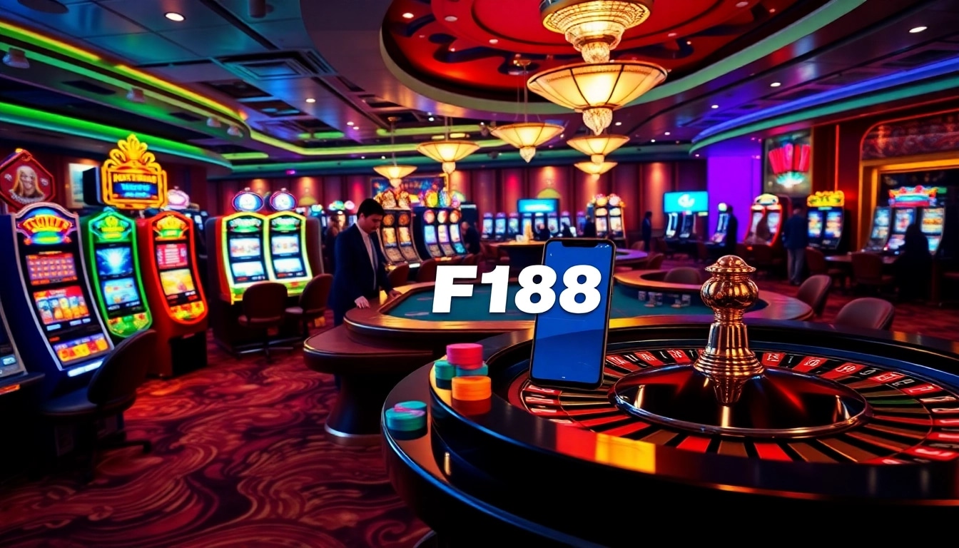 Experience the vibrant excitement of F168's casino floor, showcasing luxury slot machines and thrilling betting action.
