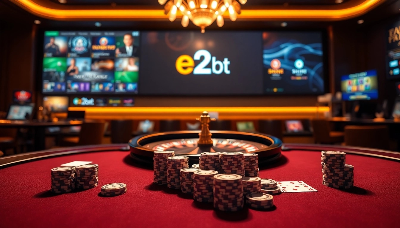 Experience thrilling gameplay at e2bet with poker chips and roulette wheels in a luxurious casino.