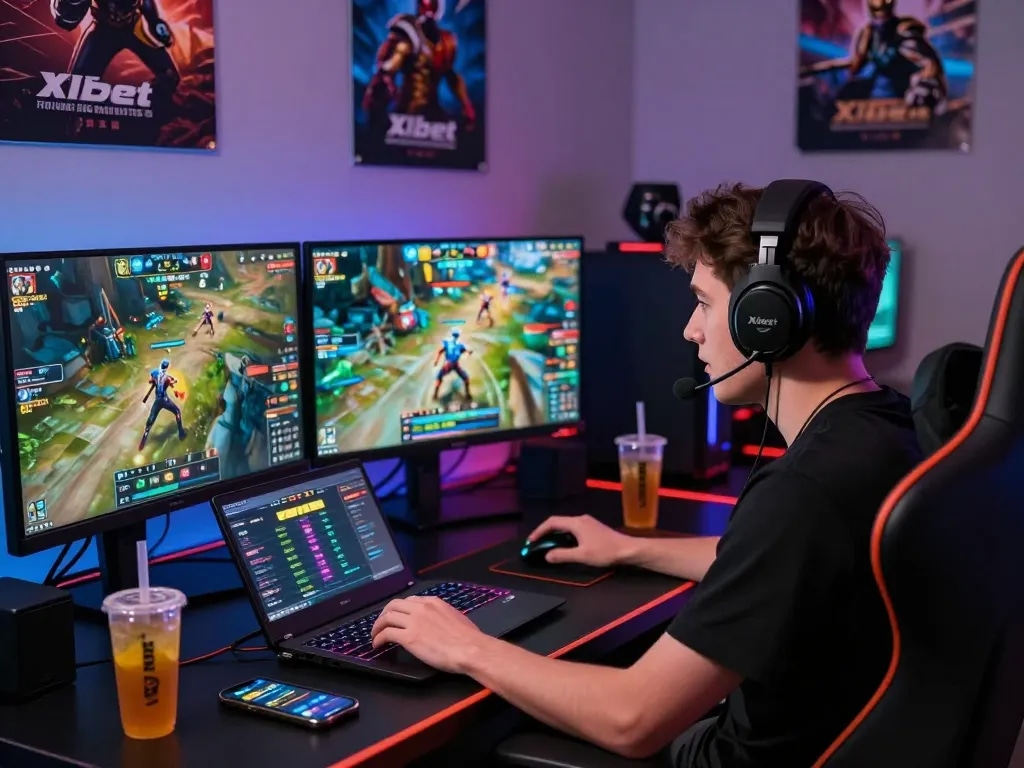An engaged gamer at their desk using https://xibet.cam/ with dual monitors displaying dynamic online games and betting options in an energetic setting.