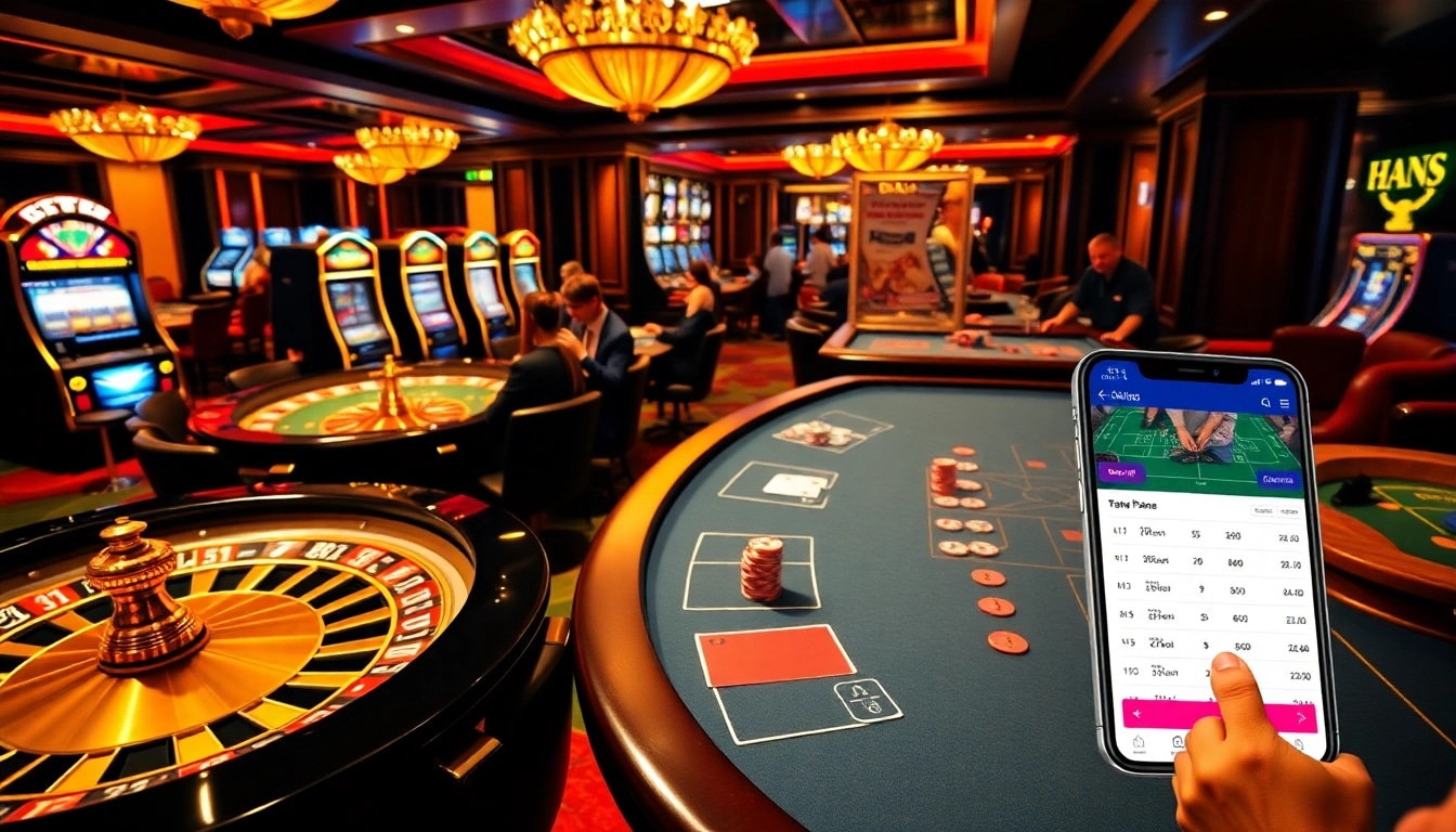DAGA players strategizing at an elegant casino table amidst vibrant slot machines.