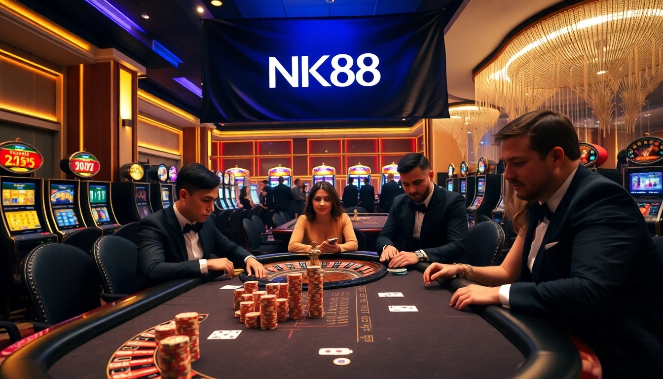 Experience the excitement of gambling at NK88's luxurious casino environment with high-stakes poker and vibrant slot machines.