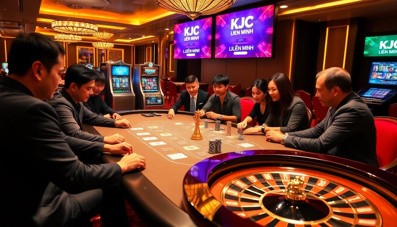Experience high-stakes poker at KJC Liên Minh's luxurious casino tables with vibrant action.