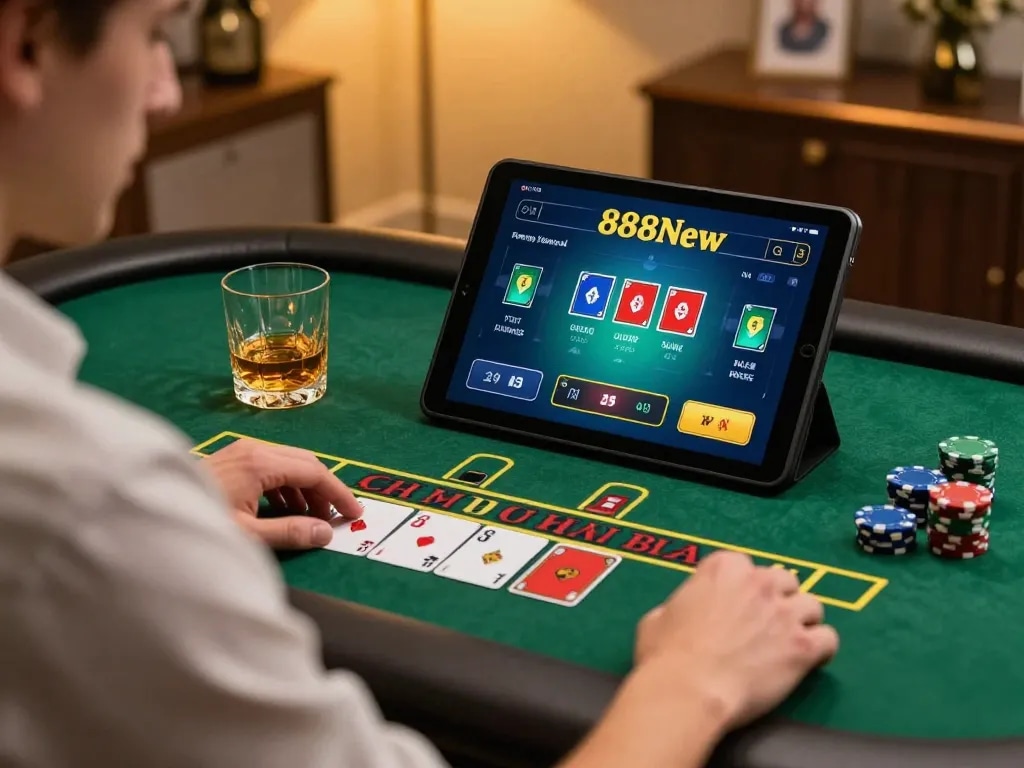 Engaging in a blackjack game on 888New platform during a cozy home evening.