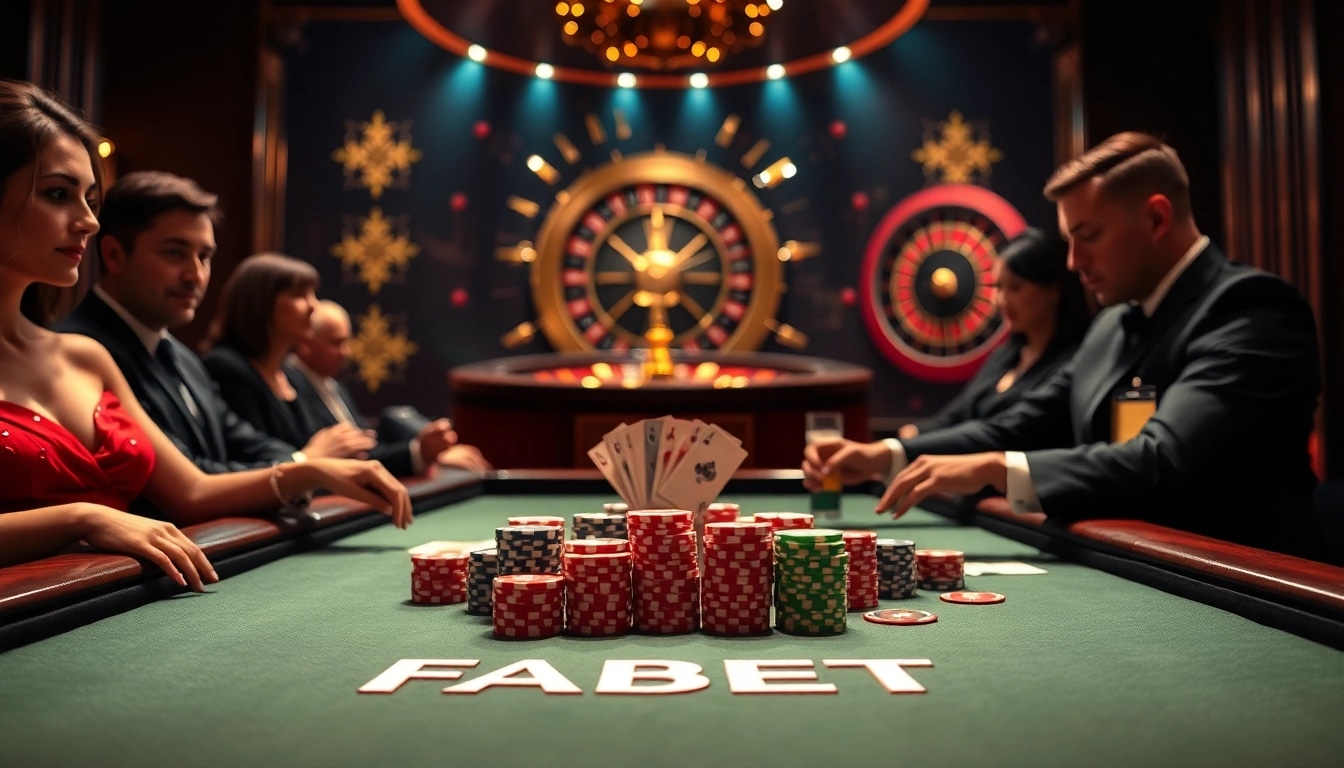 Experience high-stakes excitement at FABET casino with poker tables and roulette wheels.