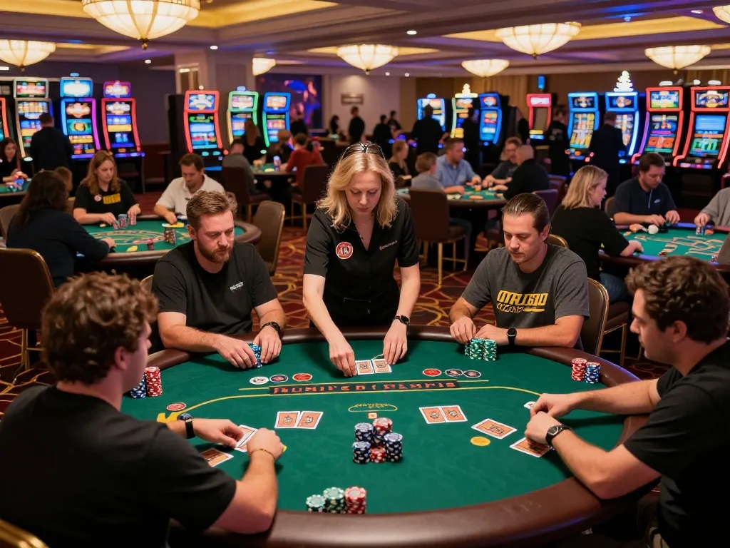 Exciting gameplay at 33WIN blackjack tables with engaged players and vibrant casino atmosphere