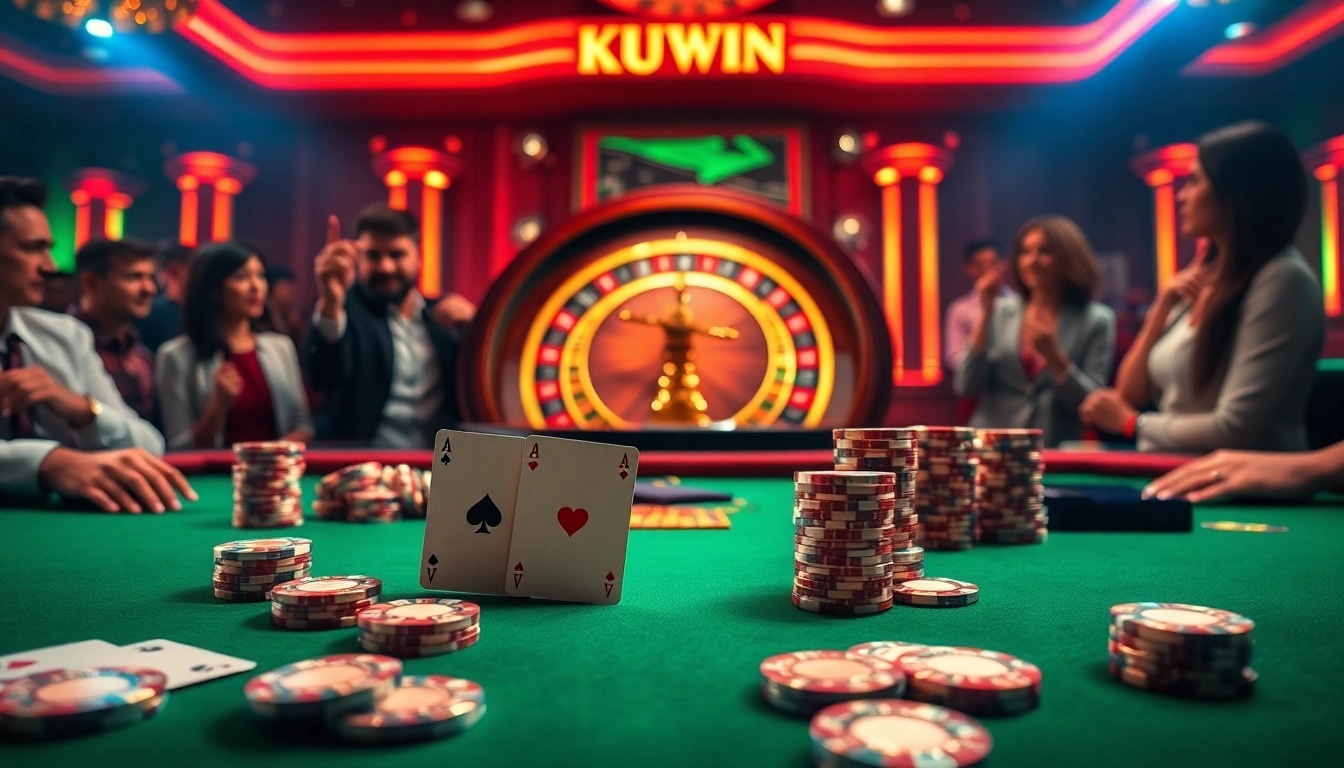 Engage with KUWIN's thrilling casino experience featuring poker chips and a roulette wheel.