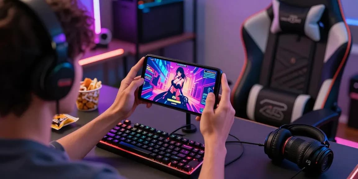 Engaging scene of a player enjoying hentai games html on a mobile device in a cozy gaming setup with vibrant visuals.