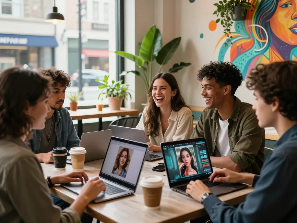 Friends discussing ai porn at a trendy urban café with digital devices and vibrant decor.