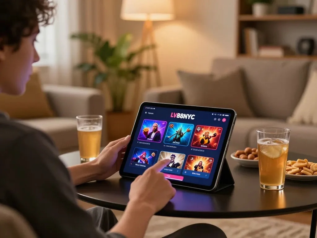 A person enjoying gaming on the LV88NYC app in a cozy living room setting.
