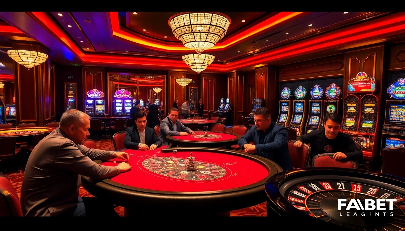 FABET poker players engaged in a high-stakes game with vibrant slot machines in the background.