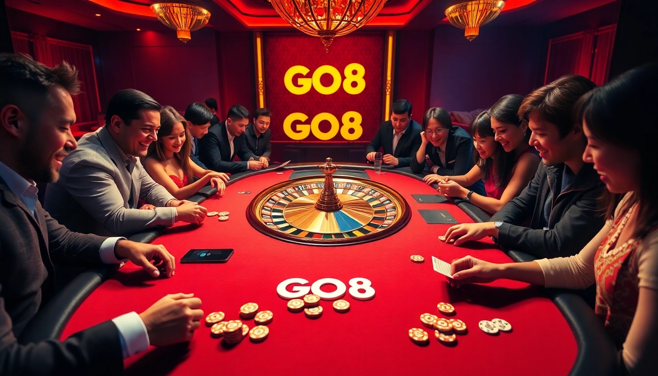Players enjoying an exciting game at a GO8 poker table in a luxurious casino setting.