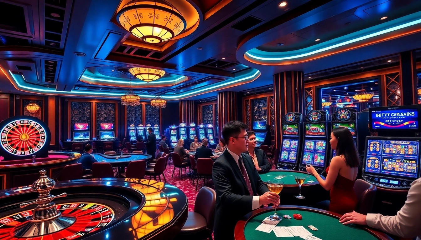 Players enjoying a thrilling gaming experience at GG88 casino with roulette and poker tables.