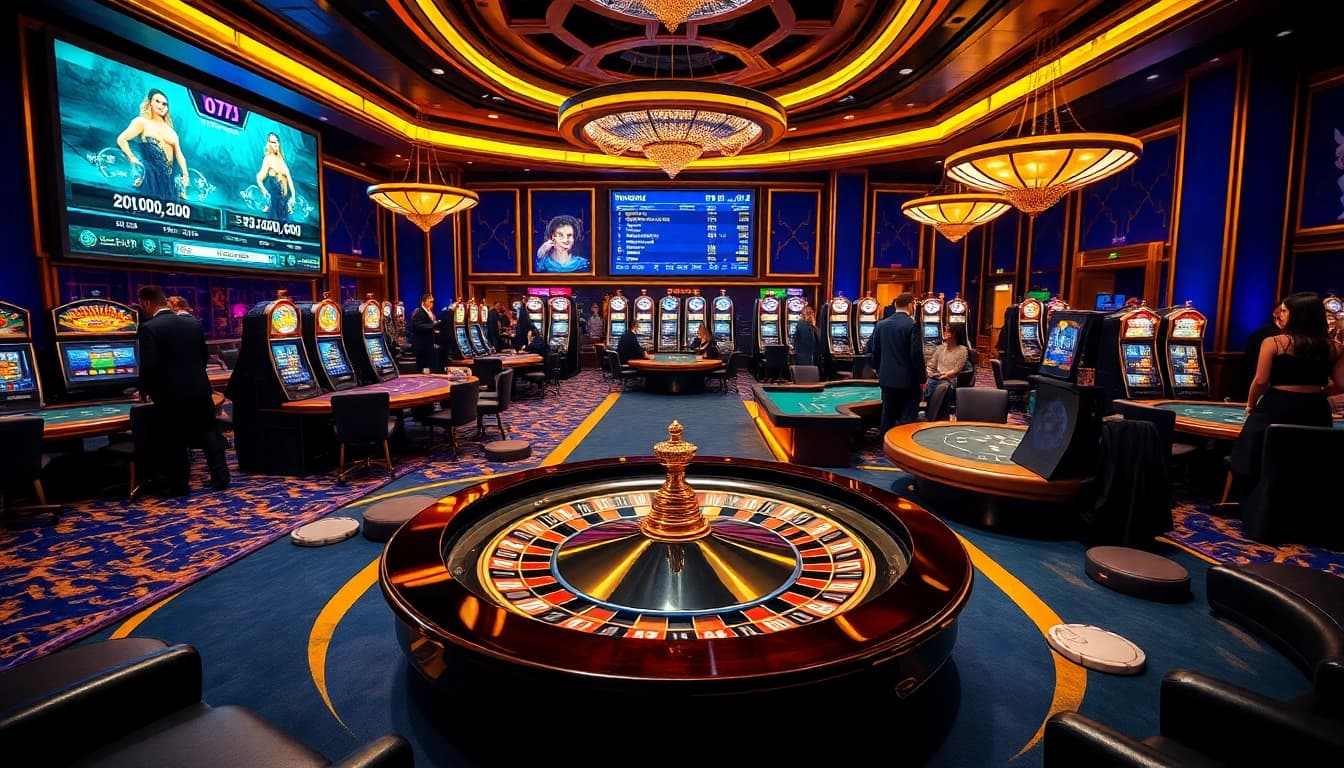 Experience the thrill of eejl at an upscale casino with vibrant gaming tables and luxury decor.