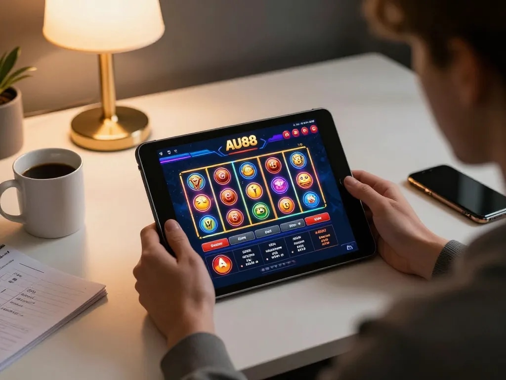 Engaged player exploring the AU88 casino app on a tablet in a cozy home setting