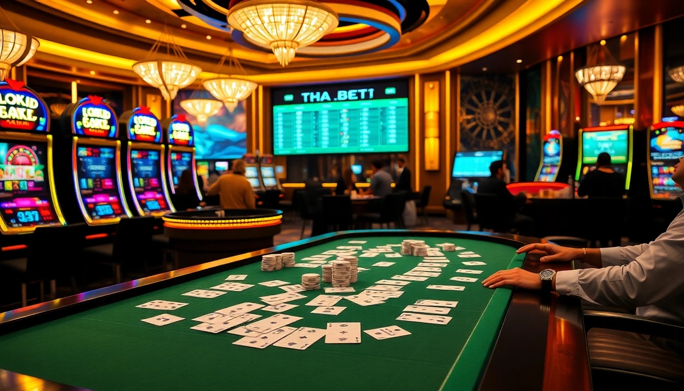 Poker players in action at a luxury casino showcasing Tha bet excitement with vibrant slot machines and roulette.