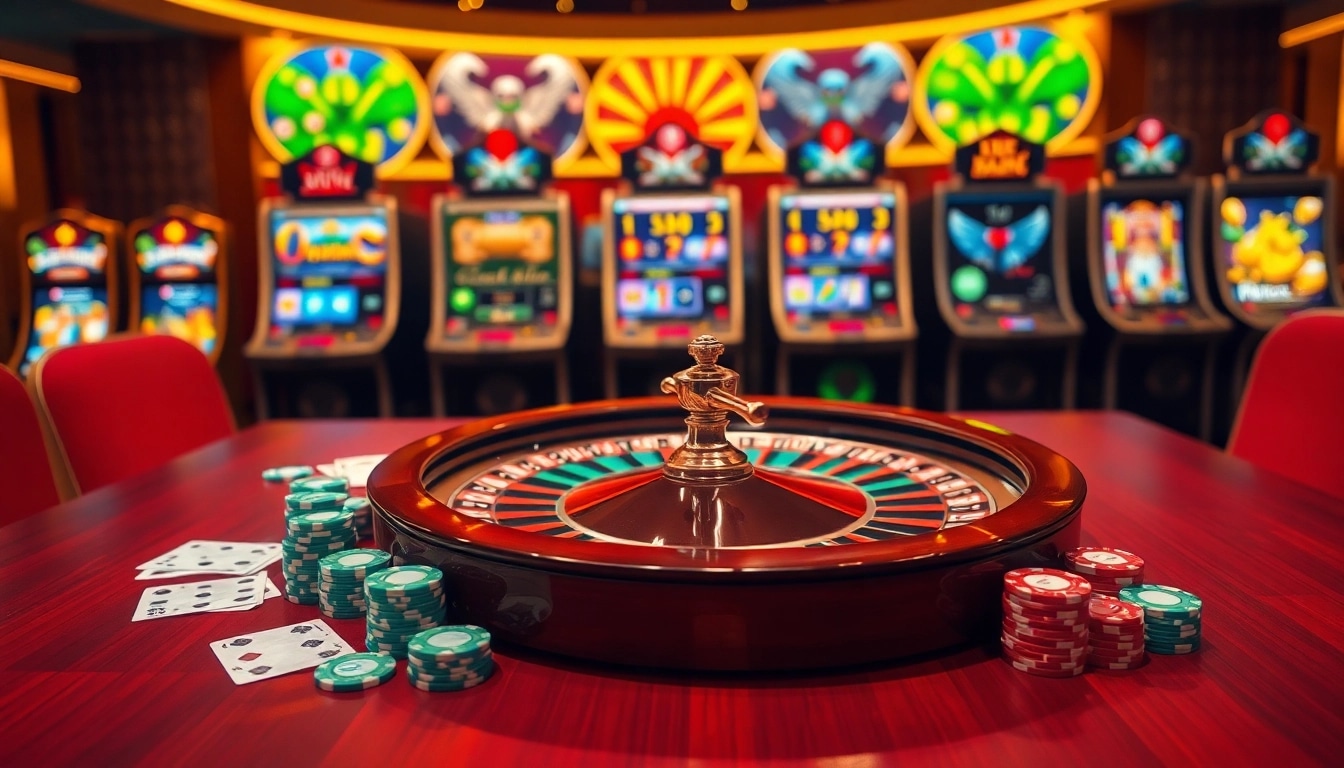 Lively casino scene focusing on lô đề uy tín with poker chips, a roulette wheel, and elegant playing cards.