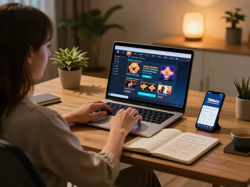Playing 789win on a laptop at home, highlighting responsible gambling strategy and comfort.