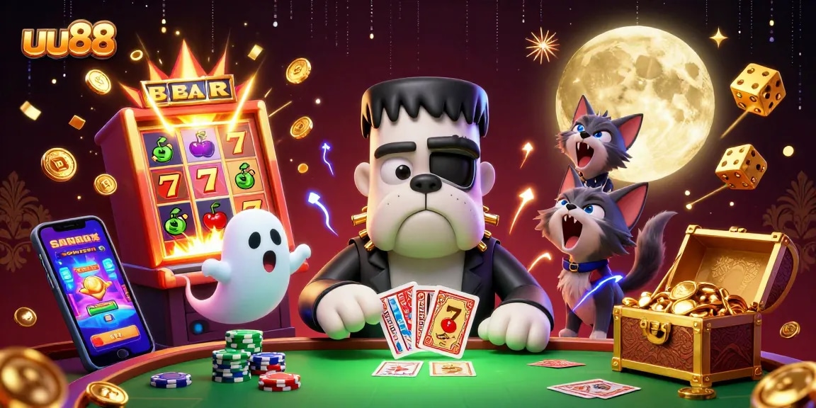 uu88 invites players to join a thrilling card game with a Frankenstein bulldog dealer and a ghost mouse.