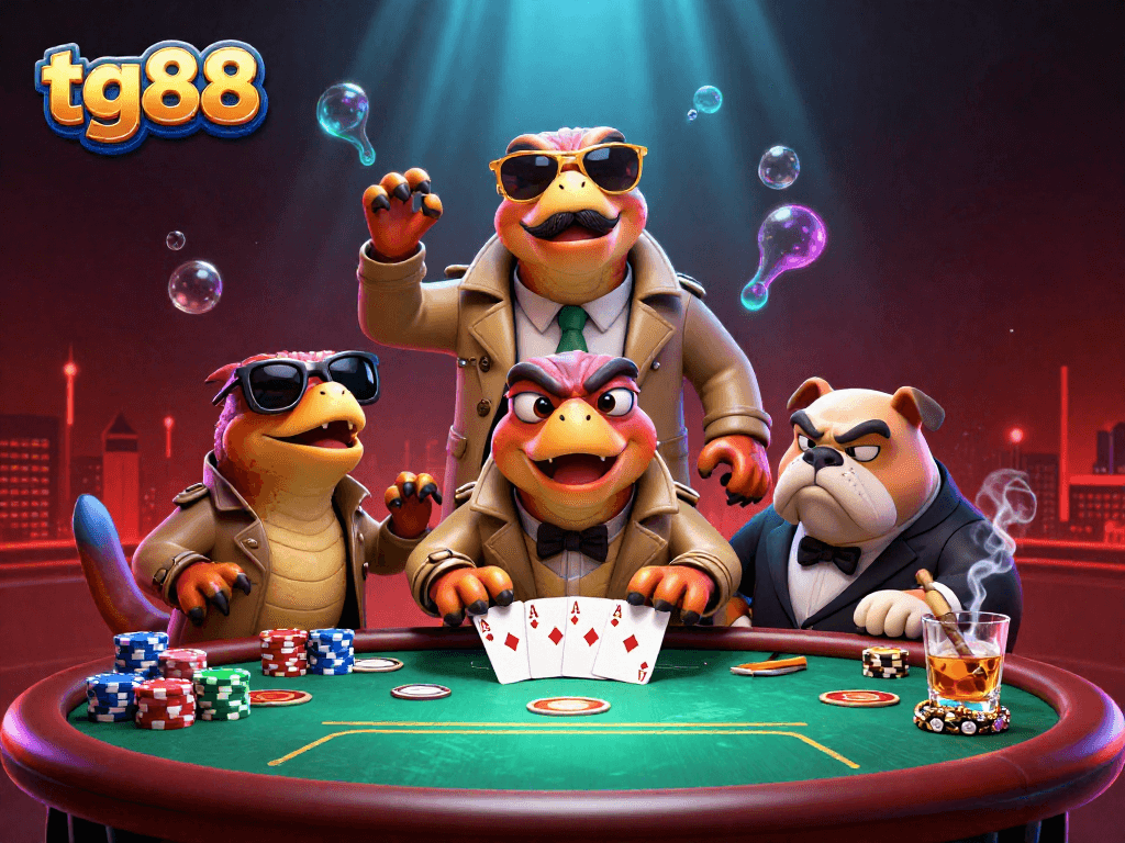 Raptors don a trench coat and try to enter a VIP lounge at tg88, showcasing a vibrant poker scene.