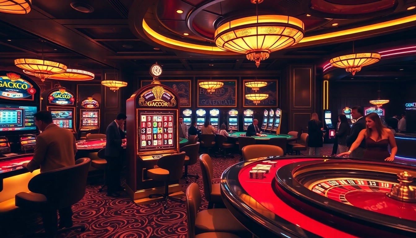Experience the thrill of slot gacor action at an upscale casino, featuring dynamic gaming tables and vibrant ambiance.