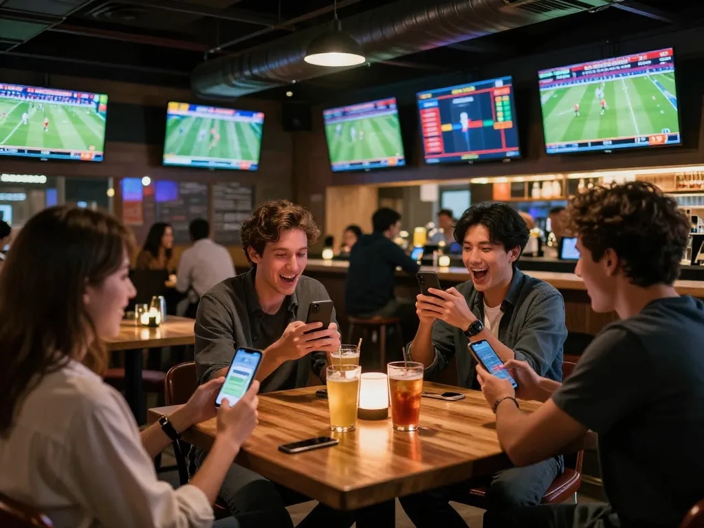 Engaged patrons placing 88aa bet in lively sports bar with multiple screens displaying games