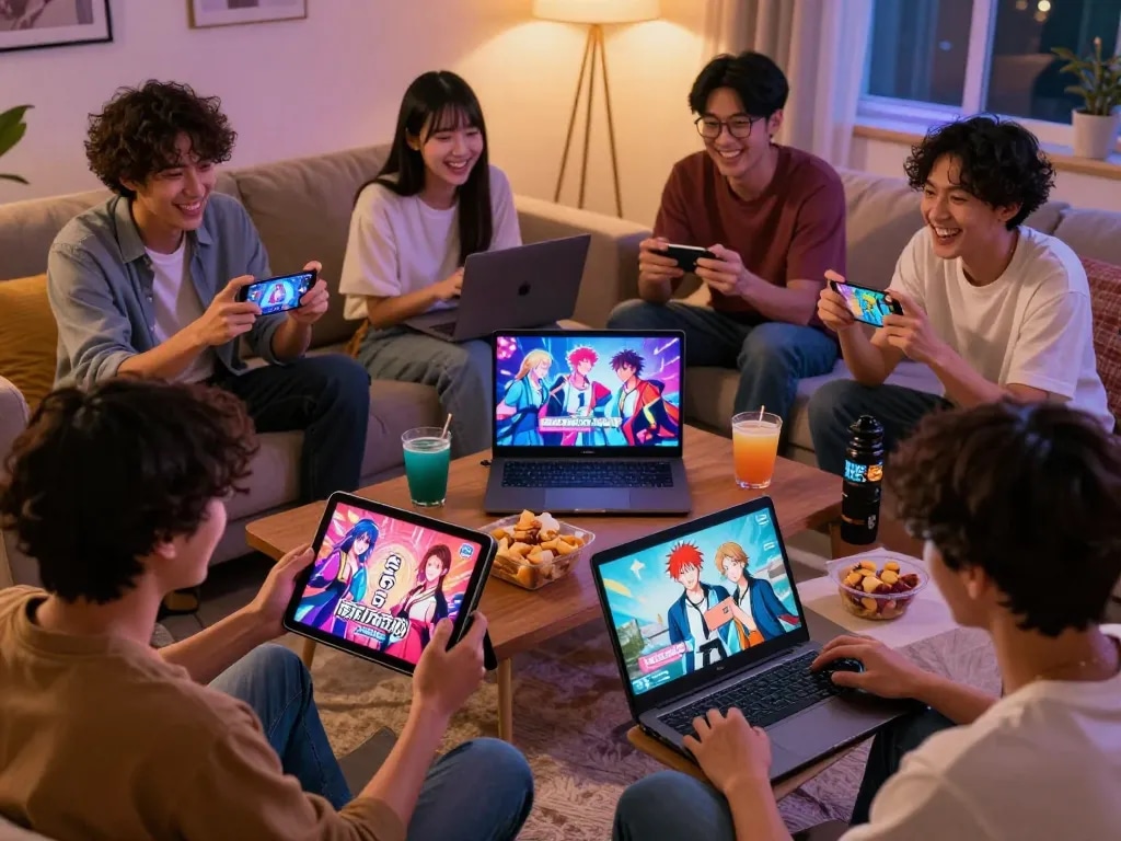 Players enjoying engaging porn games on multiple devices in a cozy living room.
