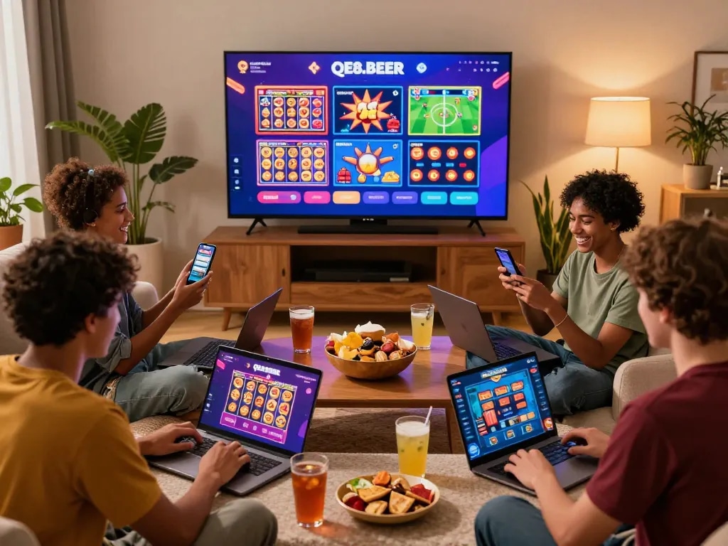 Friends enjoying games on QE8.BEER platform in a vibrant living room, showcasing online gambling fun.