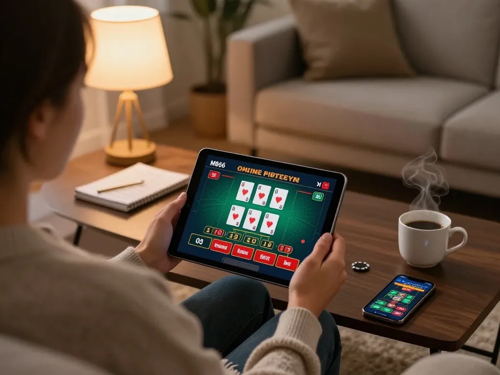 Engaging in online casino gaming at home with MB66 on a tablet, showcasing a live dealer interface and strategic elements