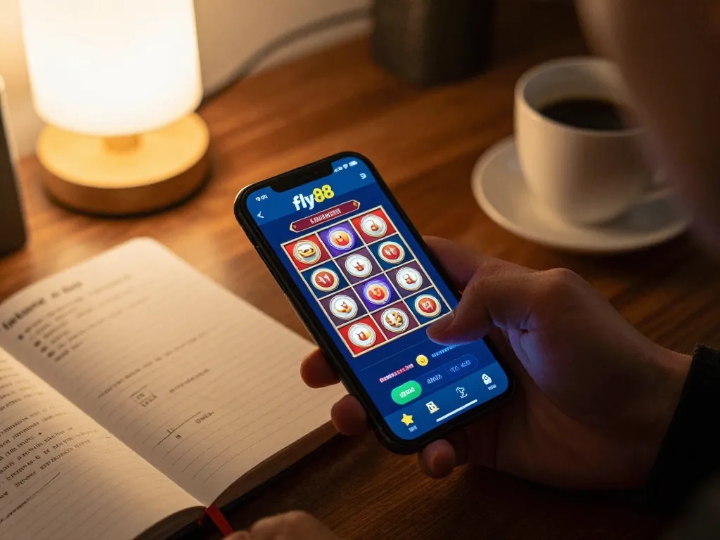 Experience exciting gameplay with fly88 on mobile, featuring vibrant casino app interface and cozy gaming setup.