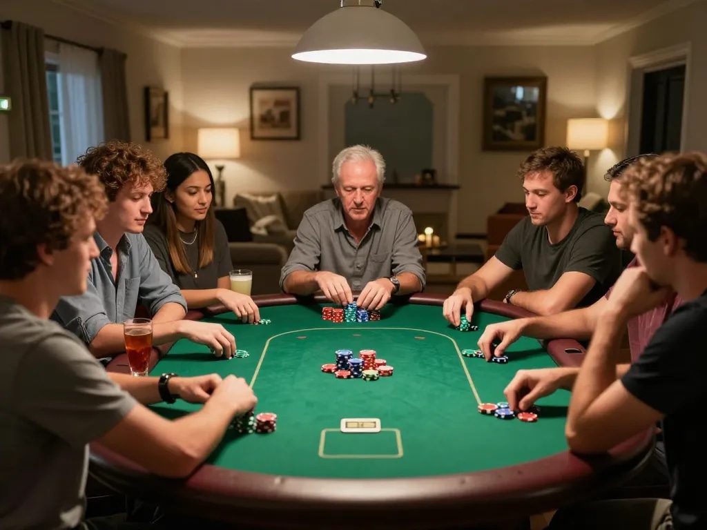 Engaged friends playing poker at home, showcasing the vibrant poker scene and strategy at go8.com.