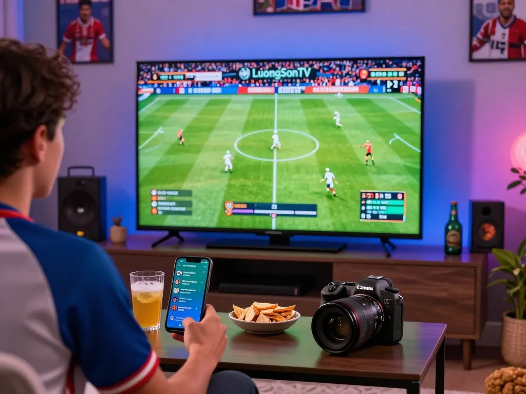 Lương Sơn TV live soccer match scene with fan watching on large screen, snacks and smartphone notifications creating an engaging atmosphere.