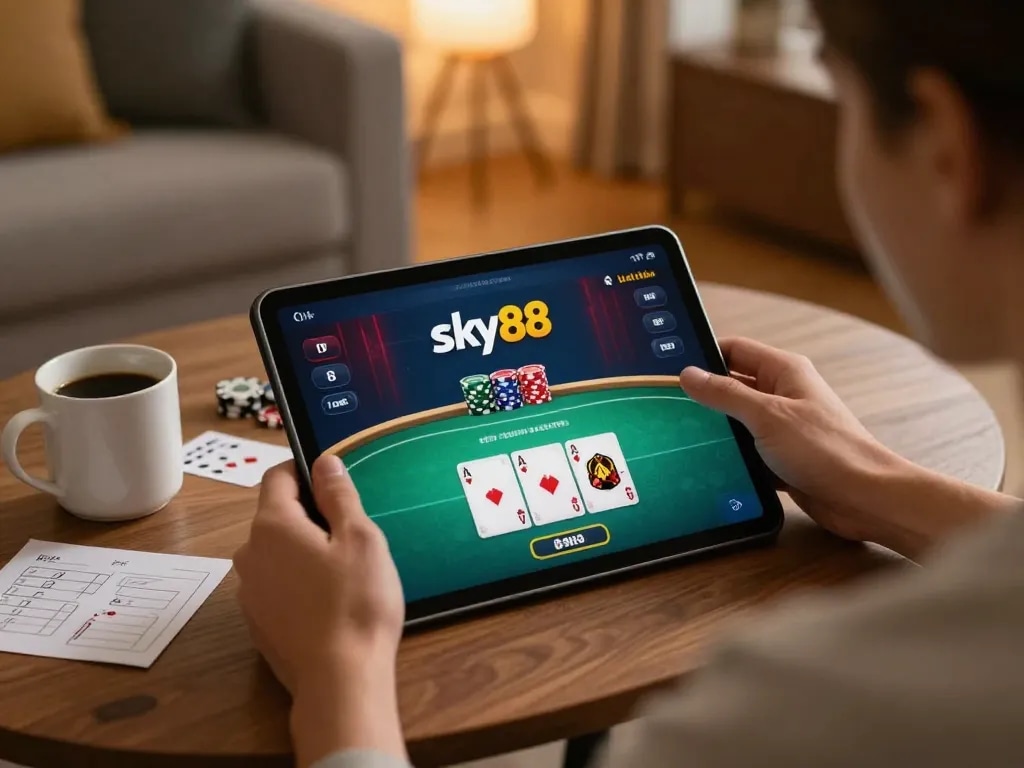 Engaging person playing poker on a tablet, highlighting the Sky88 link for an immersive gaming experience.