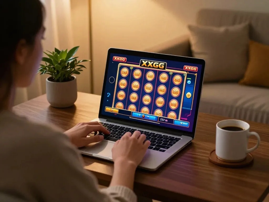 Player enjoying a colorful XXGG slot game on their laptop in a cozy home setting