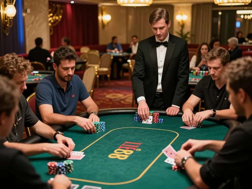 Players strategizing their moves during a poker game at LU88 casino, showcasing an exciting gambling environment