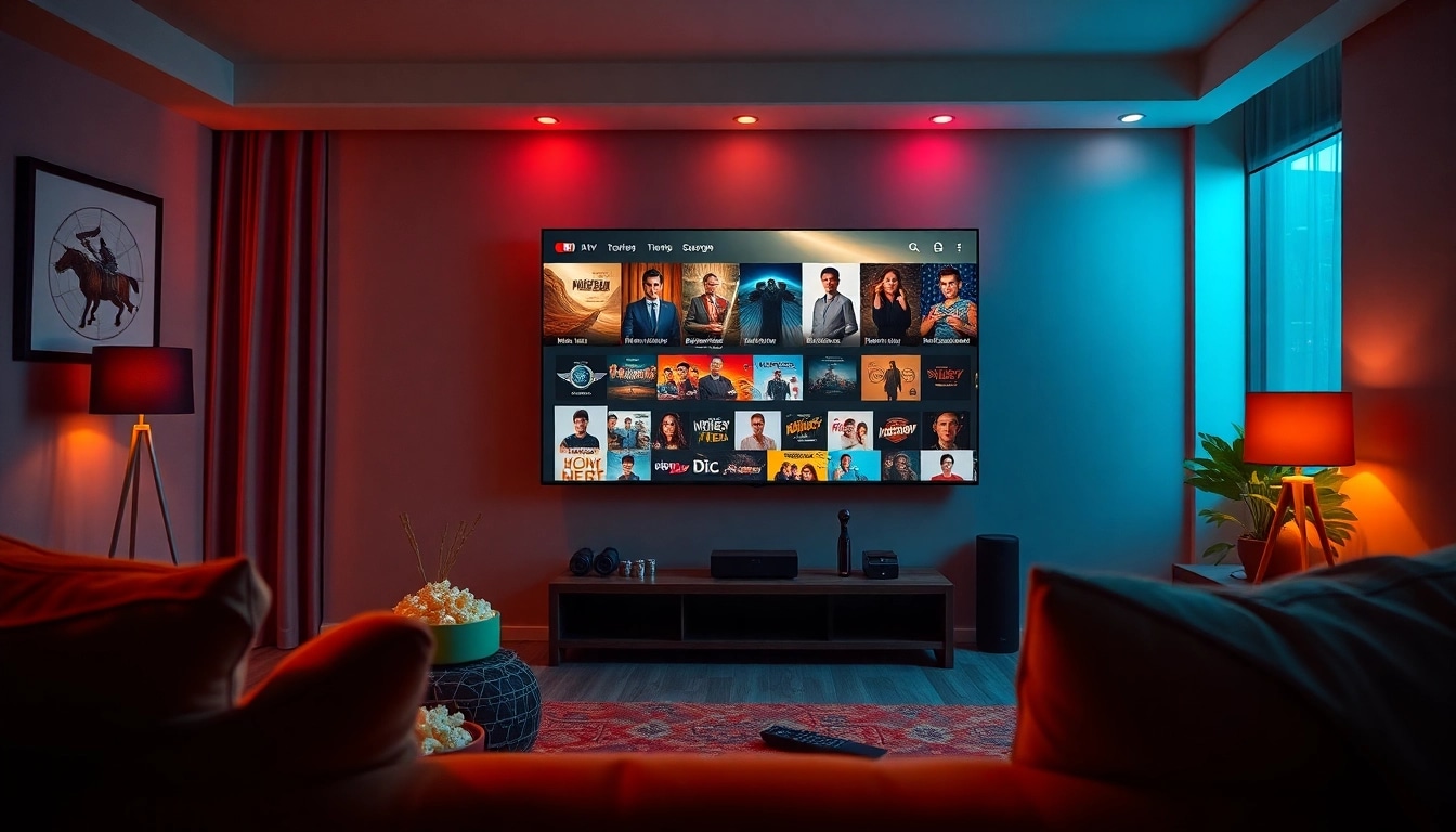 Nắng Cực TV streaming interface showcasing a cozy movie night setup with warm colors.