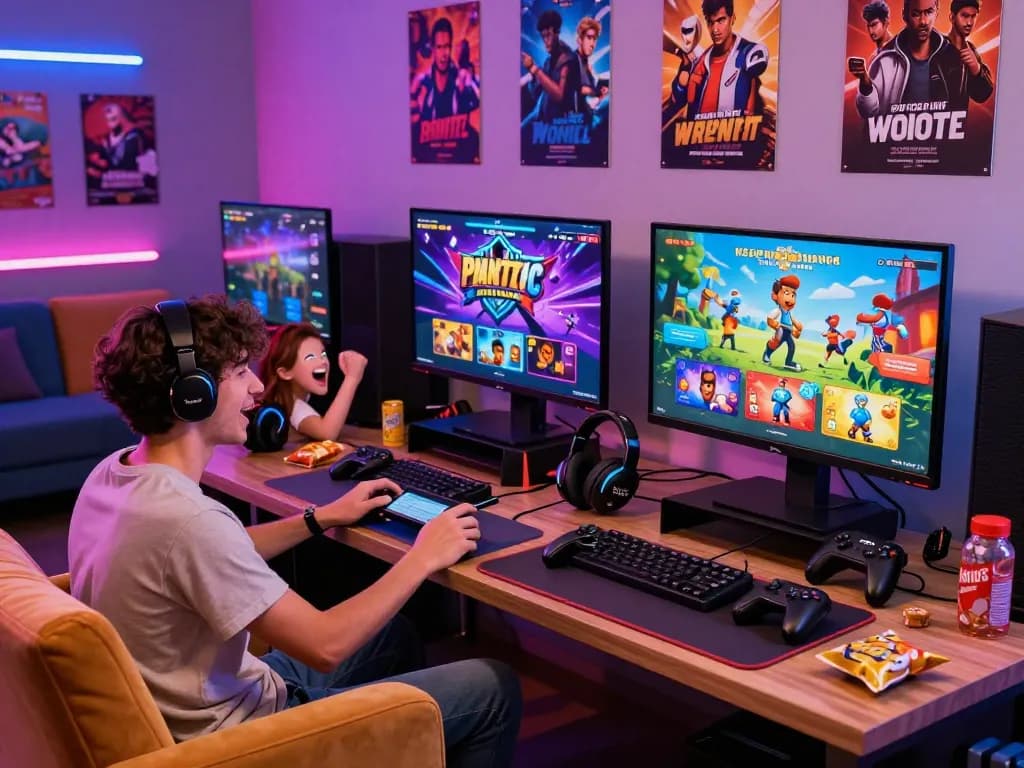 Engaging scene of players exploring porn games on interactive devices in a vibrant gaming lounge.
