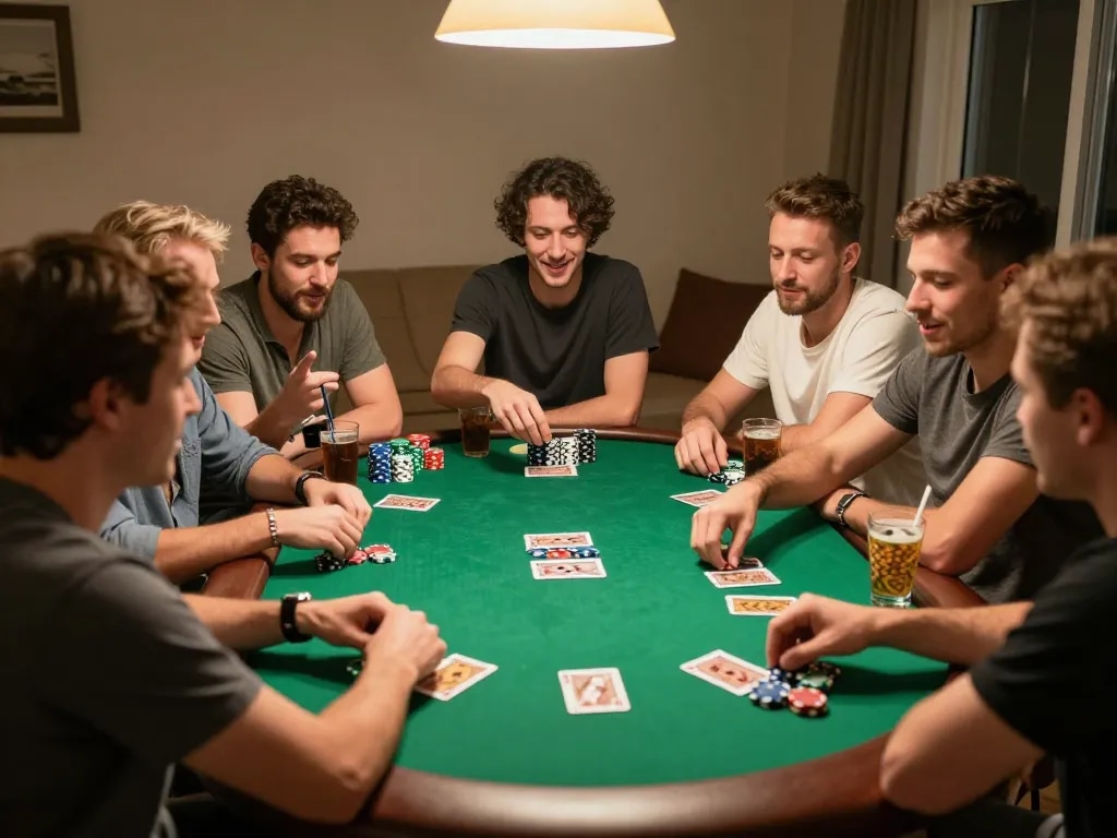 X88 players engaging in an exciting home poker night with cards and chips at the table