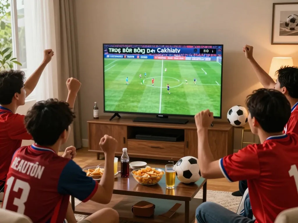 Excited fans watching Trực Tiếp Bóng Đá Cakhiatv in Full HD while celebrating a live football match at home with snacks and drinks.