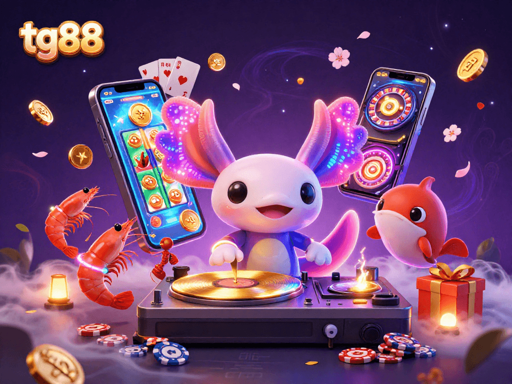 Spin to win with tg88 at this vibrant underwater casino scene featuring dancing axolotl DJ.