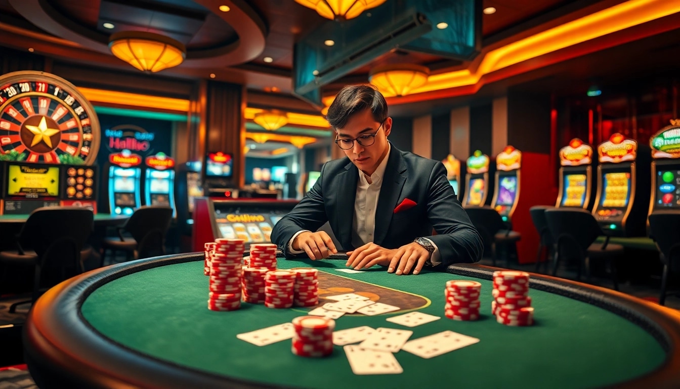 Hello88 players engaging in a thrilling card game at a luxurious casino table.