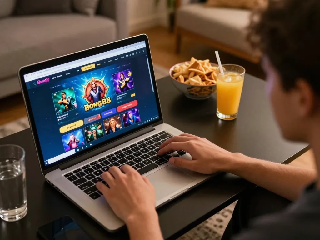 Bong88 online gaming session showing user engaging with the casino interface on a laptop at home.