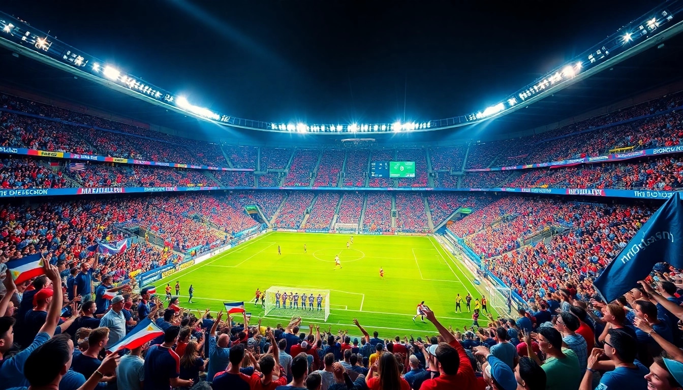 Exciting soccer stadium scene with fans cheering and live scores, representing the energy of bongdanet.