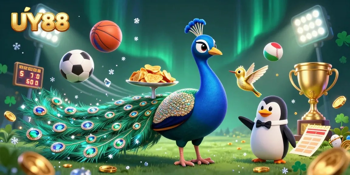 Experience the excitement of UY88 with a vibrant illustration featuring a peacock, penguin butler, and sporty elements.