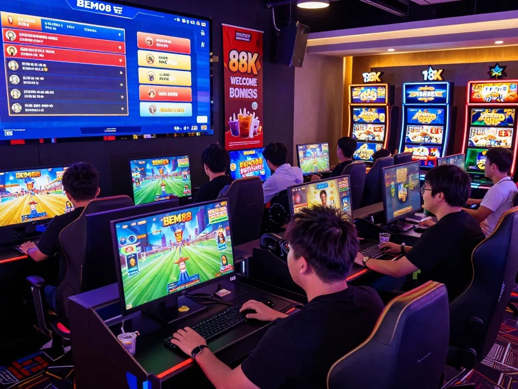 Players enjoying BEM88 online games, vibrant atmosphere, welcoming 88K bonus.